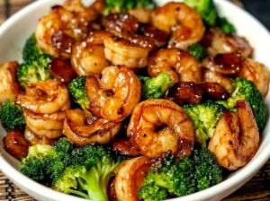 A high-angle, close-up shot of High-Protein Honey Garlic Shrimp in a minimalist white ceramic bowl. The shrimp are golden-brown with a glossy, sticky dark amber glaze, intermixed with bright green broccoli florets. The bowl sits on a white marble countertop with soft morning light streaming from the right, casting gentle shadows. In the background, out of focus, is a wooden cutting board and a small pot of fresh herbs.