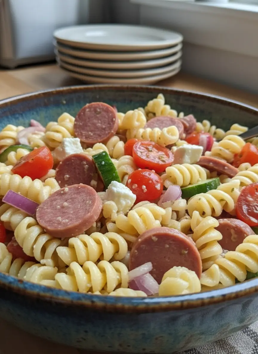 Eye-level shot of raw ingredients arranged neatly on a wooden cutting board. A pile of dry fusilli pasta, a whole turkey sausage log, fresh whole cherry tomatoes, a block of cheese, and fresh basil leaves. Natural light from the left side, marble countertop visible in the background. Minimalist style.