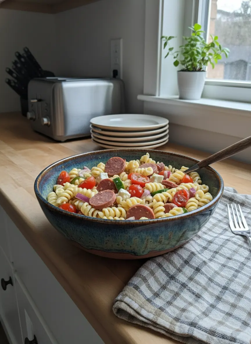 A dynamic shot of the salad being tossed in the speckled blue ceramic bowl. A stream of golden Italian dressing is being poured from a small glass carafe into the bowl (no hands visible, just the carafe and liquid). The pasta and veggies are glistening. Soft daylight, shallow depth of field.
