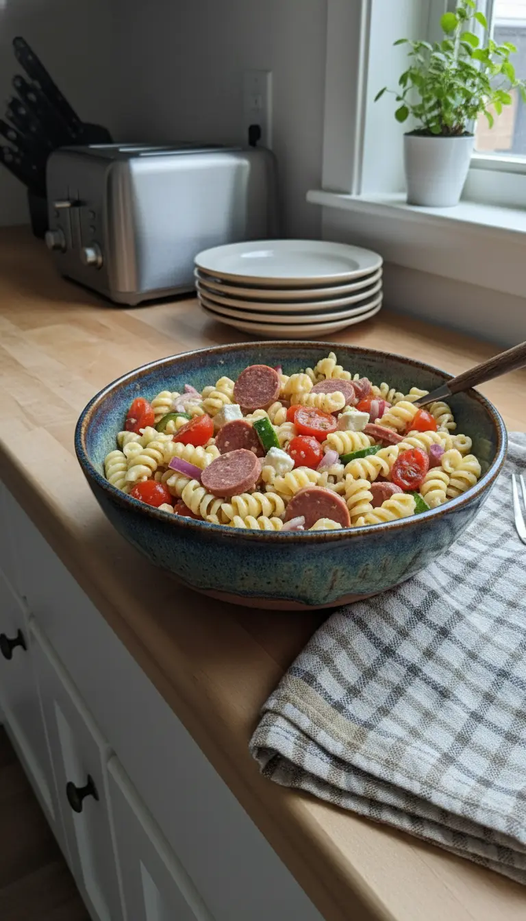 A close-up macro shot of the finished salad in a small serving bowl. Focus on the texture of the spiral pasta, the porous texture of the sausage slice, and a droplet of dressing on a basil leaf. Very appetizing and detailed. Warm, inviting tones.