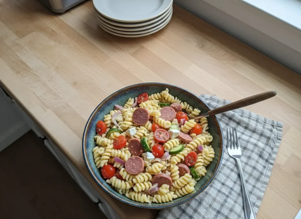A wide, straight-on hero shot of a large, speckled blue and white ceramic bowl filled with High Protein Italian Pasta Salad. The salad features spiral fusilli pasta, round slices of turkey sausage, halved red cherry tomatoes, white mozzarella pearls, and green cucumber slices. The bowl sits on a wooden butcher block table. In the soft-focus background, a bright kitchen with a window letting in natural morning light, marble countertops, and small potted herbs. No hands or people. High resolution, food photography style.