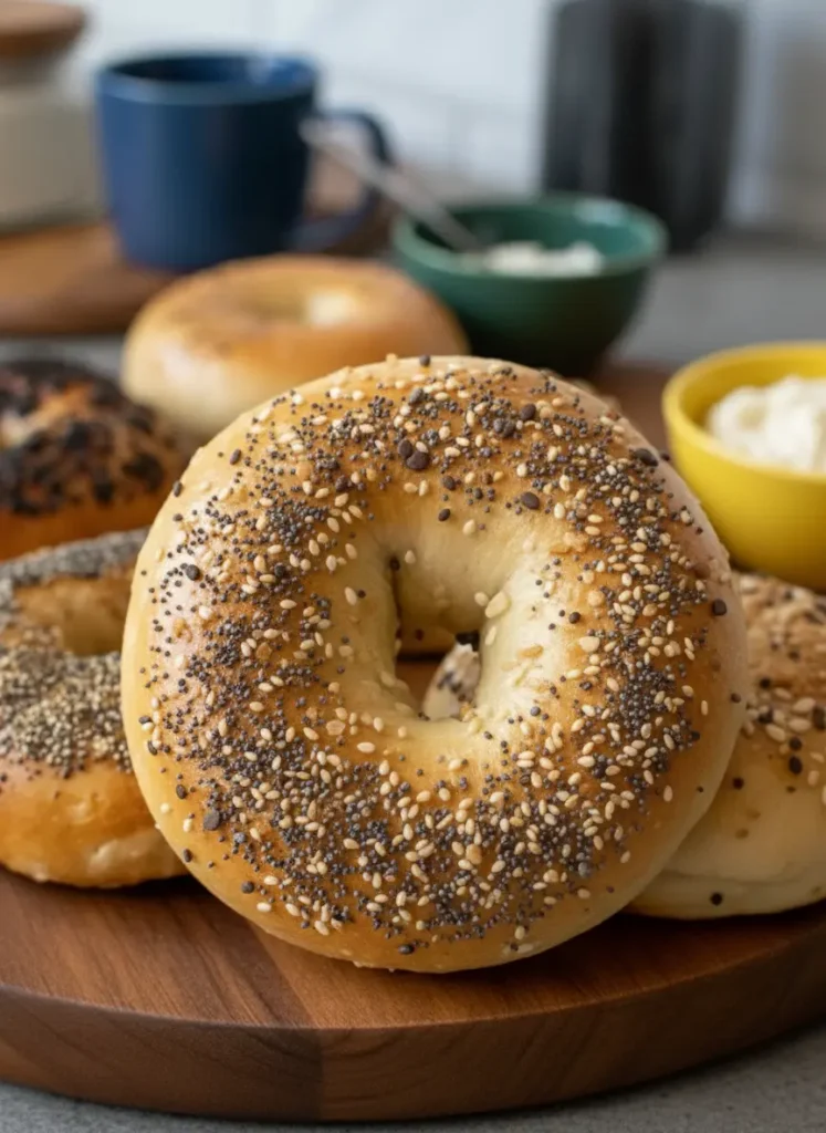 Homemade bagels recipe A clean, organized shot of the essential ingredients for homemade bagels: bread flour, active dry yeast, malt syrup, and salt, artfully arranged on a marble countertop with the signature wooden cutting board nearby. Natural morning light casts soft shadows. (3:4 ratio).