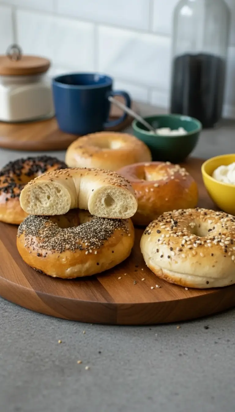 A stack of perfectly baked, golden-brown homemade bagels, sliced open to reveal their chewy interior, with a dollop of cream cheese on one. The bagels are on a minimalist white plate, with fresh herbs in a small ceramic bowl in the background, all bathed in warm, natural morning light on a marble countertop. (3:4 ratio).