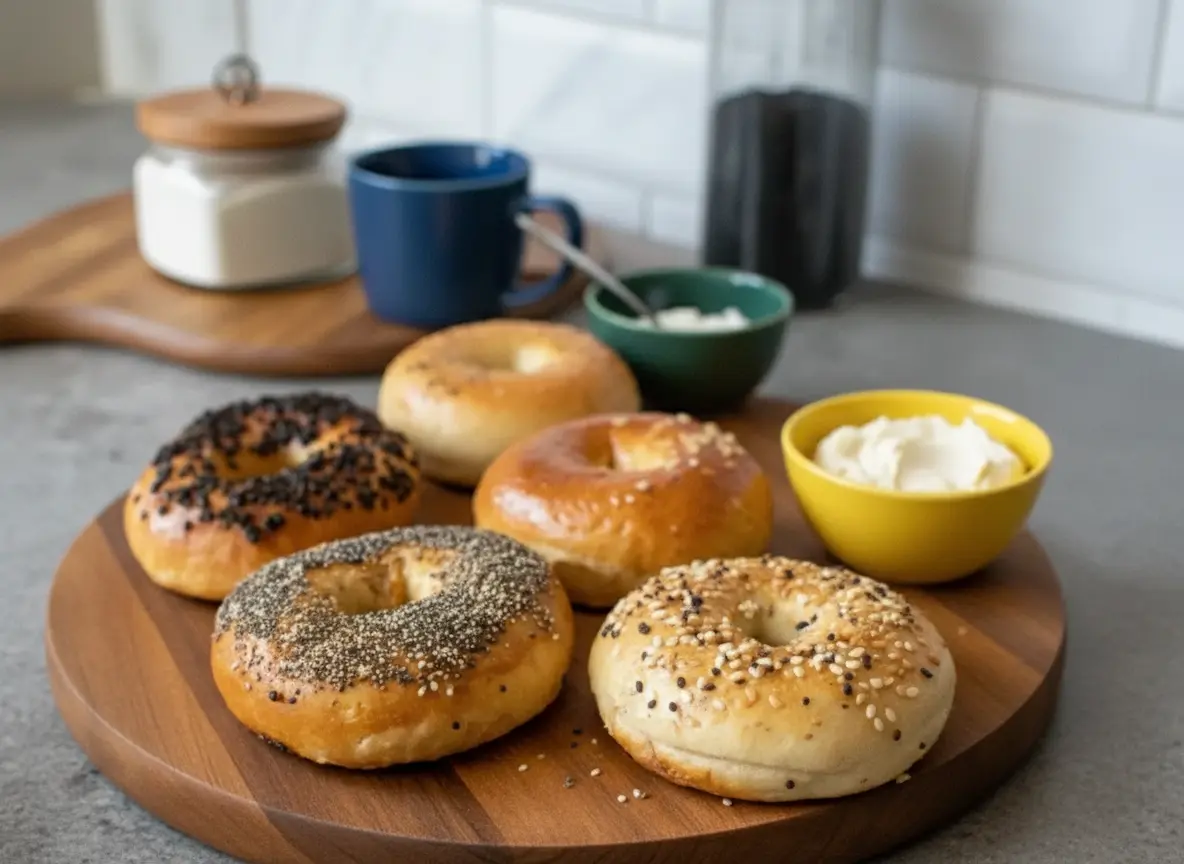 A hero shot of several perfectly golden-brown homemade bagels with various toppings (everything, sesame, poppy seeds, plain) artfully arranged on a warm-toned wooden cutting board, set against a minimalist marble countertop with soft, natural morning light from an east window. A light blue ceramic mug and a jar of sugar are subtly blurred in the background. (4:3 ratio).