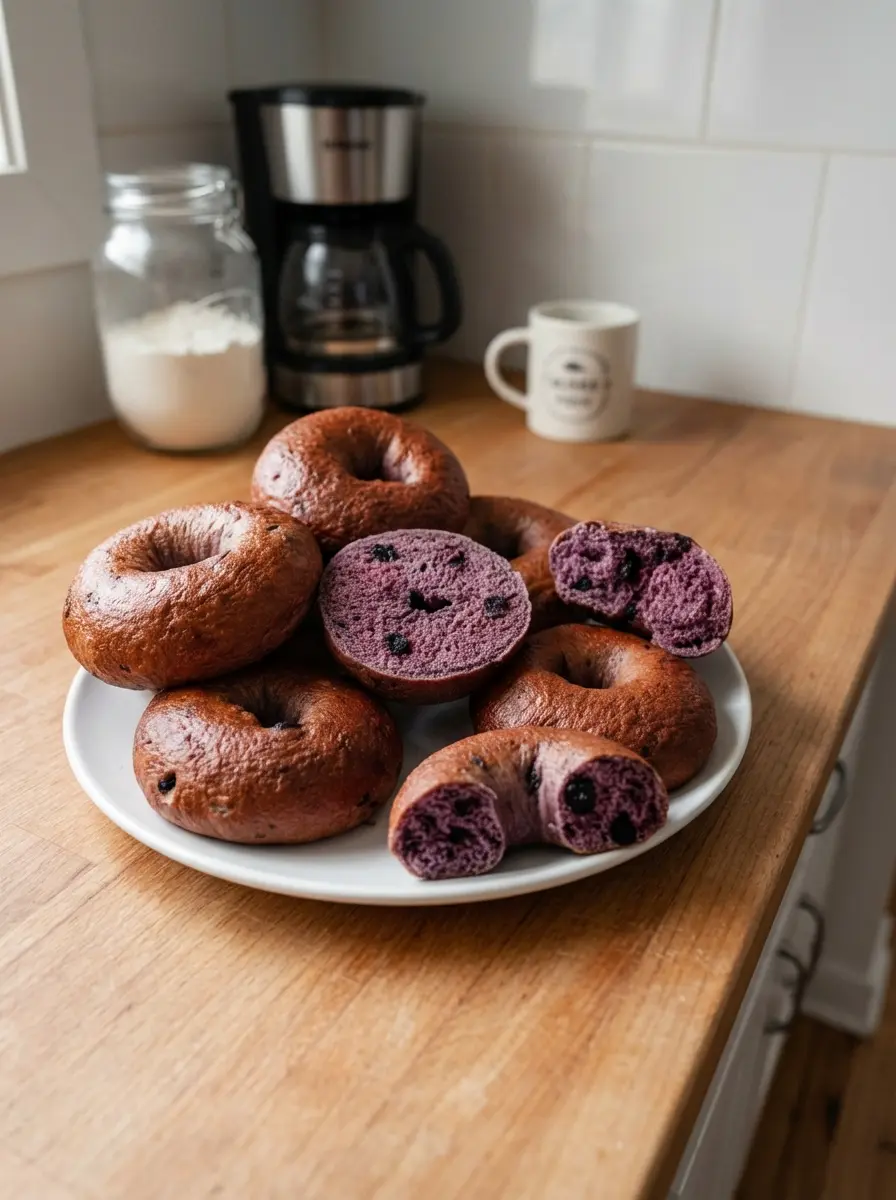 Close-up shot of a few unbaked Homemade Blueberry Bagels being gently transferred from a boiling pot (steam rising) onto a wooden cutting board with a slotted spoon. The bagels have already taken on a slightly firmer, glossy texture from the boil. Natural morning light, soft shadows, warm tones, clean kitchen setting. No hands or people. (3:4 ratio)