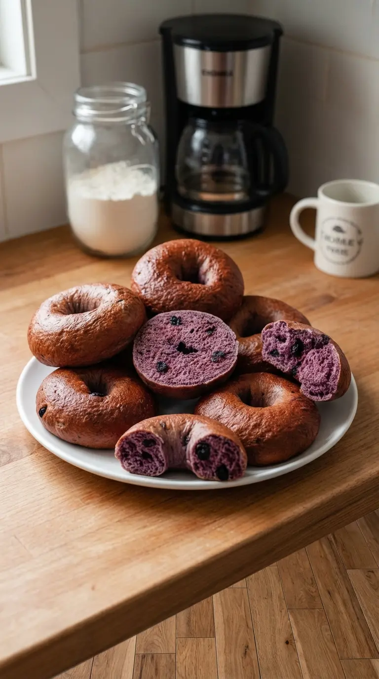 A few perfectly baked Homemade Blueberry Bagels, one sliced horizontally, are arranged on a minimalist white plate on a marble countertop. The sliced bagel clearly shows the vibrant purple crumb studded with dark blueberries and a perfectly golden-brown crust. A small bowl of cream cheese and a sprig of fresh mint are subtly placed next to it. Natural morning light, soft shadows, warm tones, tidy presentation. No hands or people. (3:4 ratio)