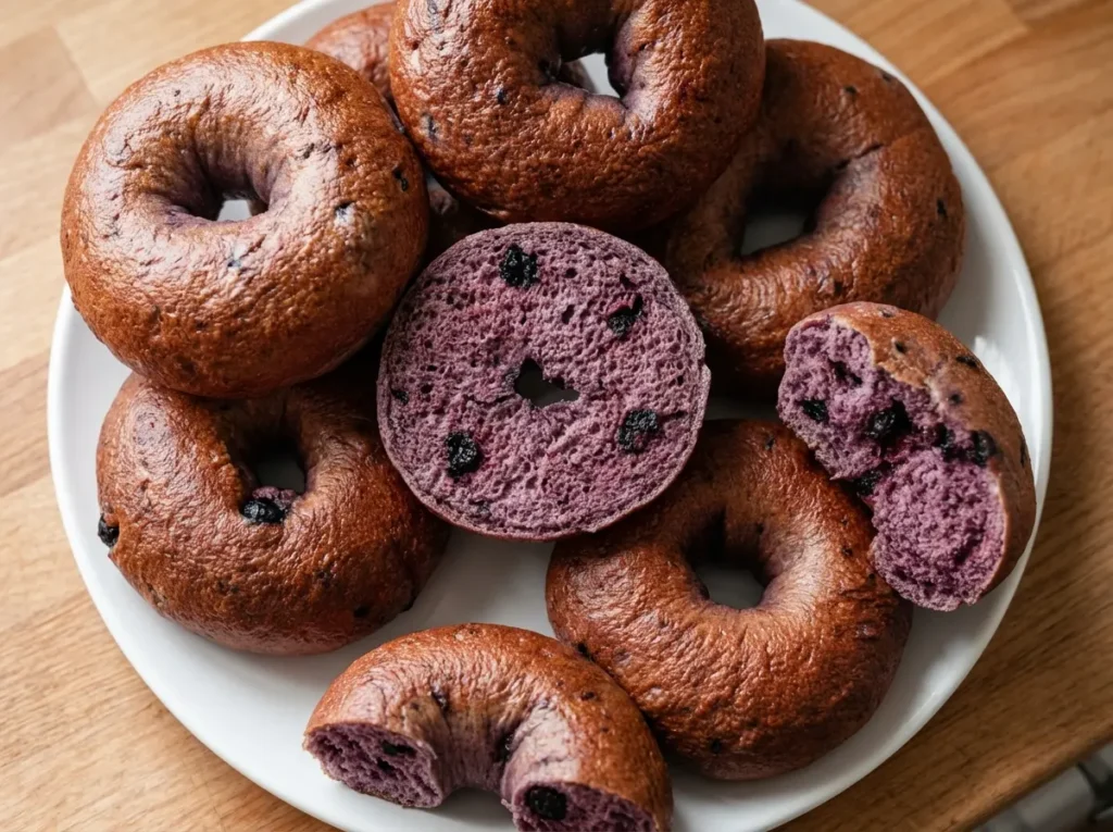 Top-down view of a generous pile of freshly baked Homemade Blueberry Bagels on a light marble countertop. Some bagels are whole, boasting a deep reddish-brown, slightly glossy crust with visible dark blueberries. Others are sliced in half, revealing a vibrant purple interior densely packed with dark, plump blueberries. Natural morning light casts soft shadows. A corner of a wooden cutting board is visible, along with a sprig of fresh thyme in a small ceramic dish in the background. Clean, tidy presentation with warm tones. No hands or people. (4:3 ratio)
