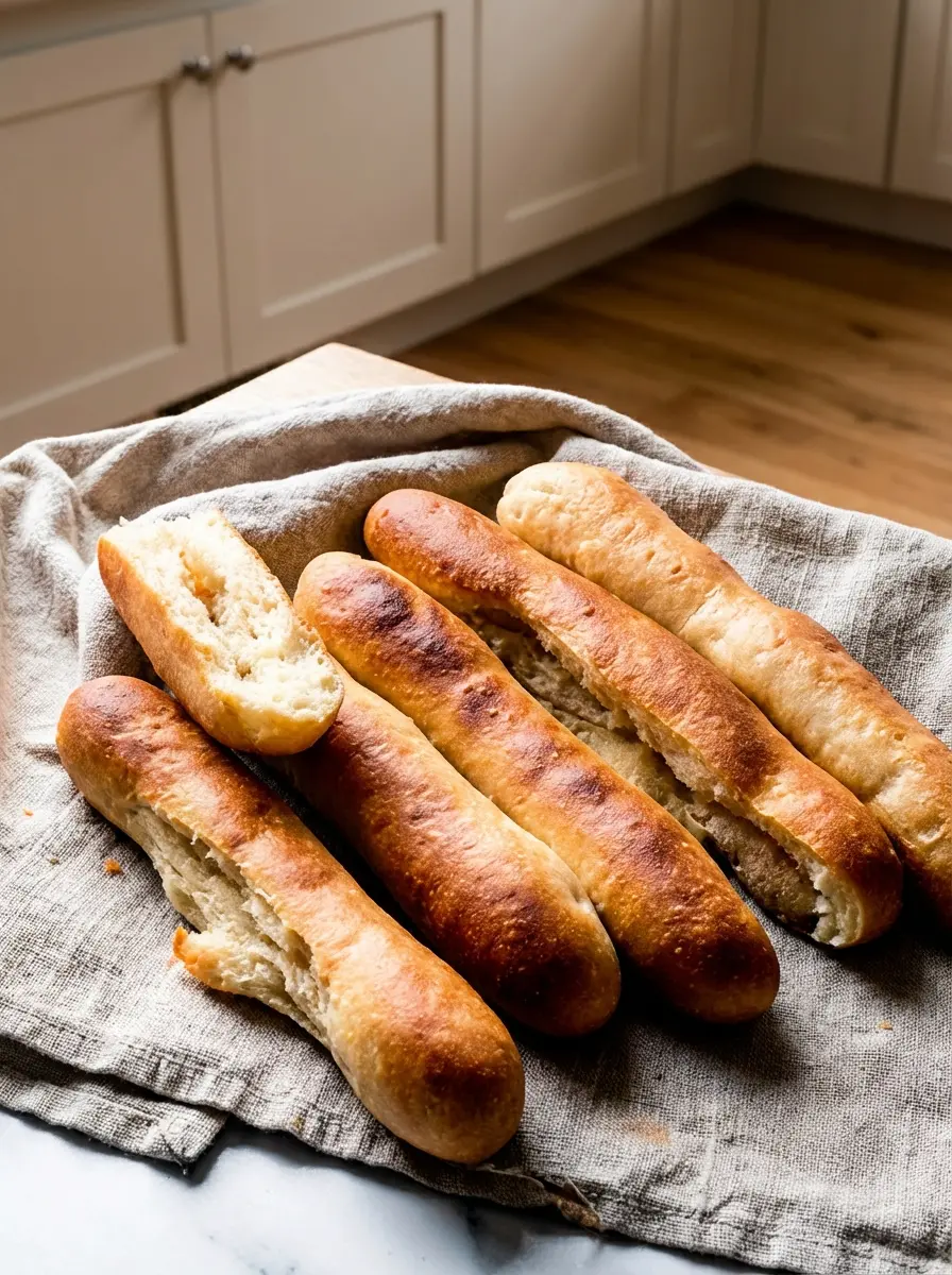 A close-up shot of raw, shaped breadstick dough ropes resting on parchment paper on a baking sheet, gently covered with a light kitchen towel, undergoing their second proofing on a marble countertop. The scene has soft shadows and warm tones from natural morning light, capturing the quiet anticipation of baking, no hands or people. (3:4 ratio)