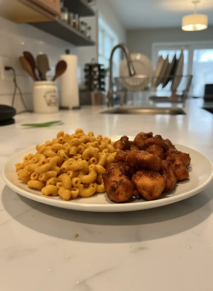 Honey Garlic Butter Chicken with Mac - A rustic wooden cutting board placed on a marble surface. On the board are raw cubes of chicken breast seasoned with red paprika and black pepper, next to a small ceramic bowl of minced garlic and a jar of golden honey. Fresh parsley sprigs are in the background. Soft, natural lighting. No hands.
