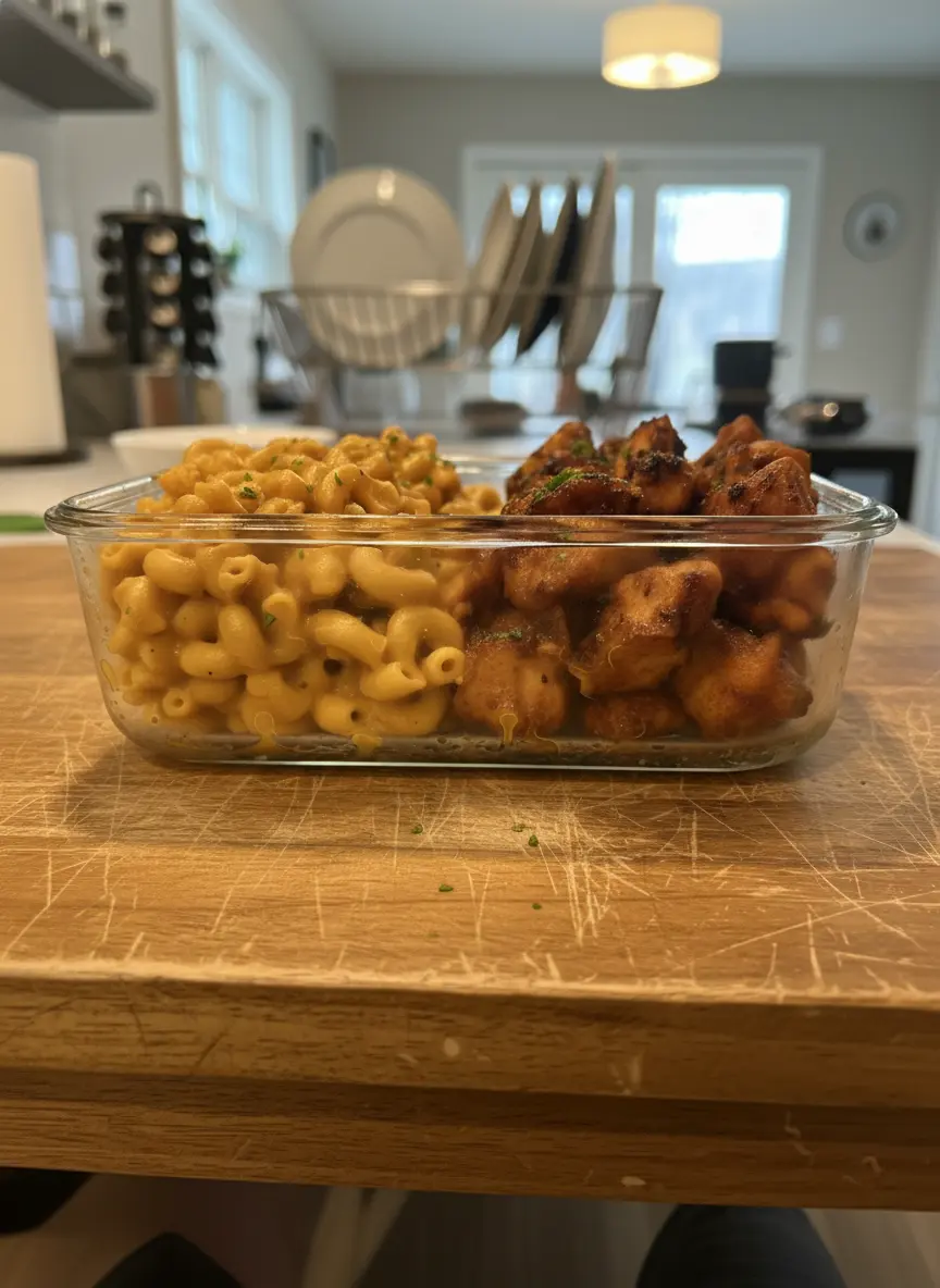A stainless steel skillet on a stovetop burner containing a bubbling, golden-orange cheese sauce with cavatappi noodles being folded in. The sauce looks velvety and smooth. In the background, a separate pan shows the glazed chicken glistening. Warm kitchen atmosphere. No hands.