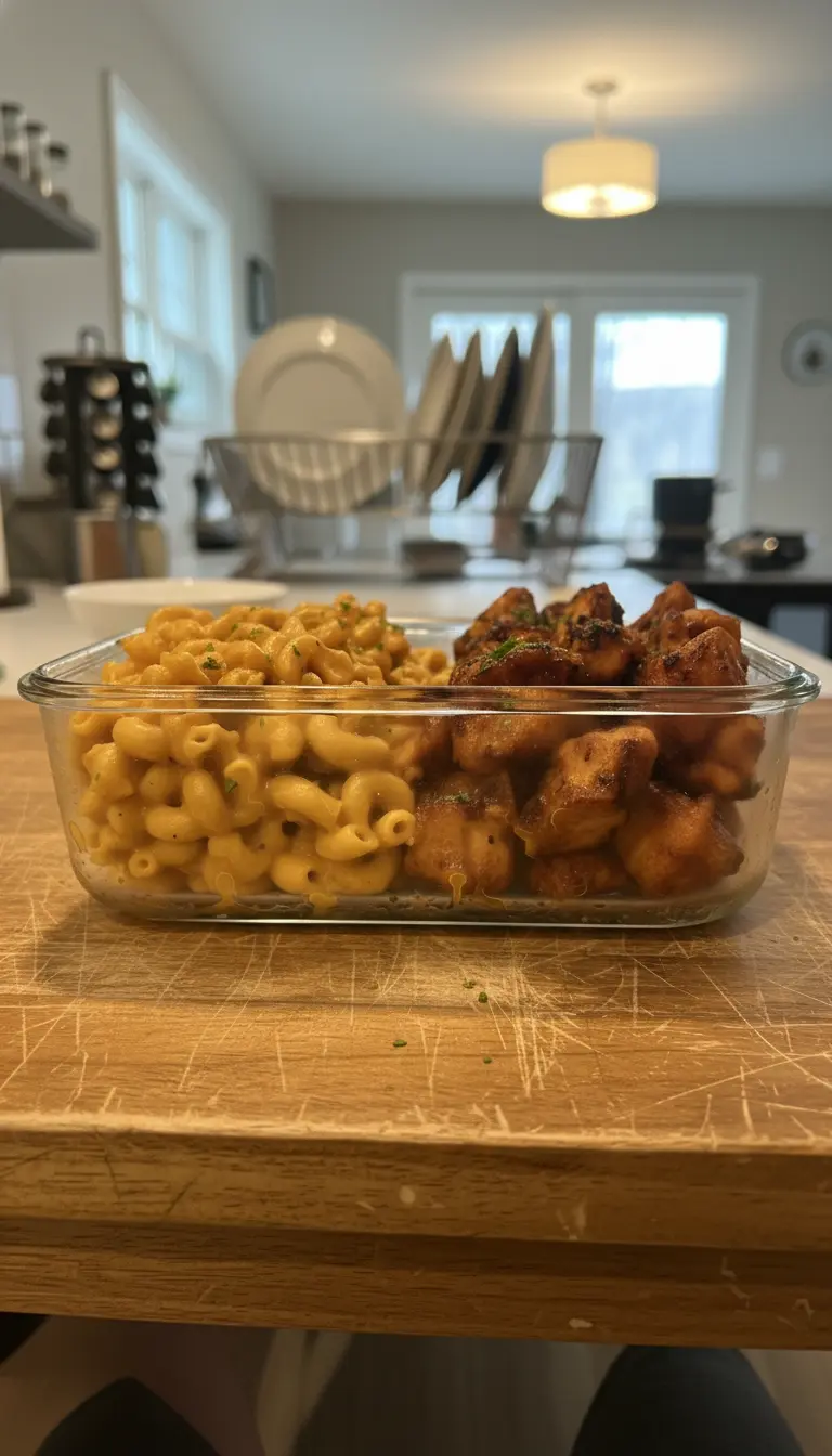 A macro close-up shot focusing on the texture of the food. The focus is on the intersection where the creamy yellow pasta meets the sticky brown chicken. The glaze reflects the light, showing hints of garlic bits, and the cheese sauce clings to the ridges of the corkscrew pasta. A speck of green parsley adds contrast. No hands.