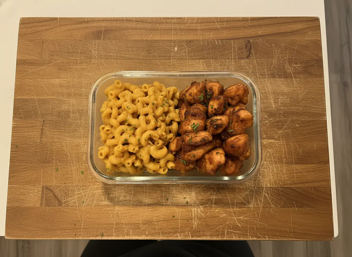 A high-angle, top-down shot of a rectangular glass meal prep container sitting on a cool marble countertop with warm wood accents. The left side of the container is filled with creamy, golden-yellow cavatappi pasta (corkscrew shape) coated in a rich cheese sauce. The right side contains glossy, bite-sized cubes of browned chicken breast coated in a sticky, dark amber honey garlic glaze. Freshly chopped green parsley is sprinkled over both the chicken and pasta. Natural morning light from the east creates soft shadows. No hands or people.
