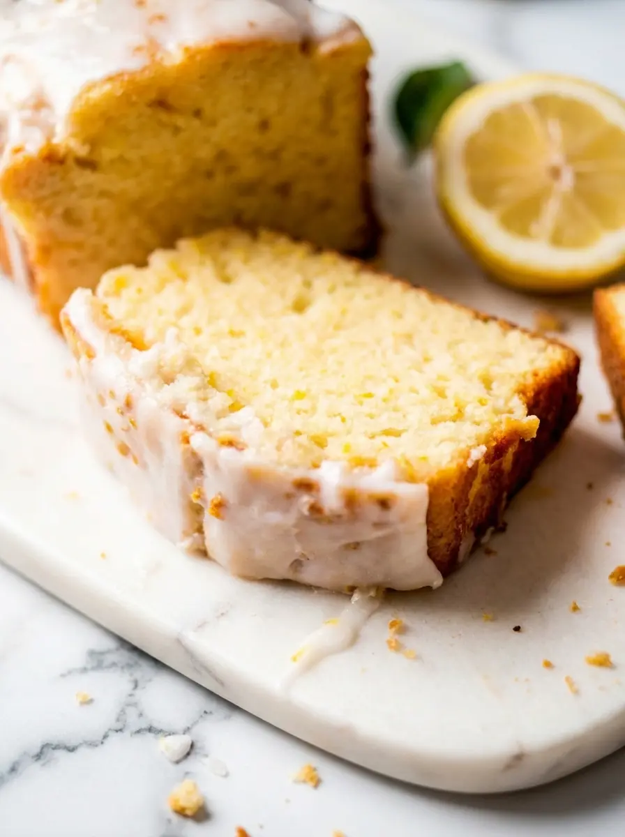 A minimalist overhead shot of key ingredients for Iced Lemon Pound Cake: fresh yellow lemons (some zested), softened butter, granulated sugar, flour, and eggs arranged in ceramic bowls and on a wooden cutting board on a white marble countertop. Natural morning light with soft shadows. 3:4 ratio. No hands or people.