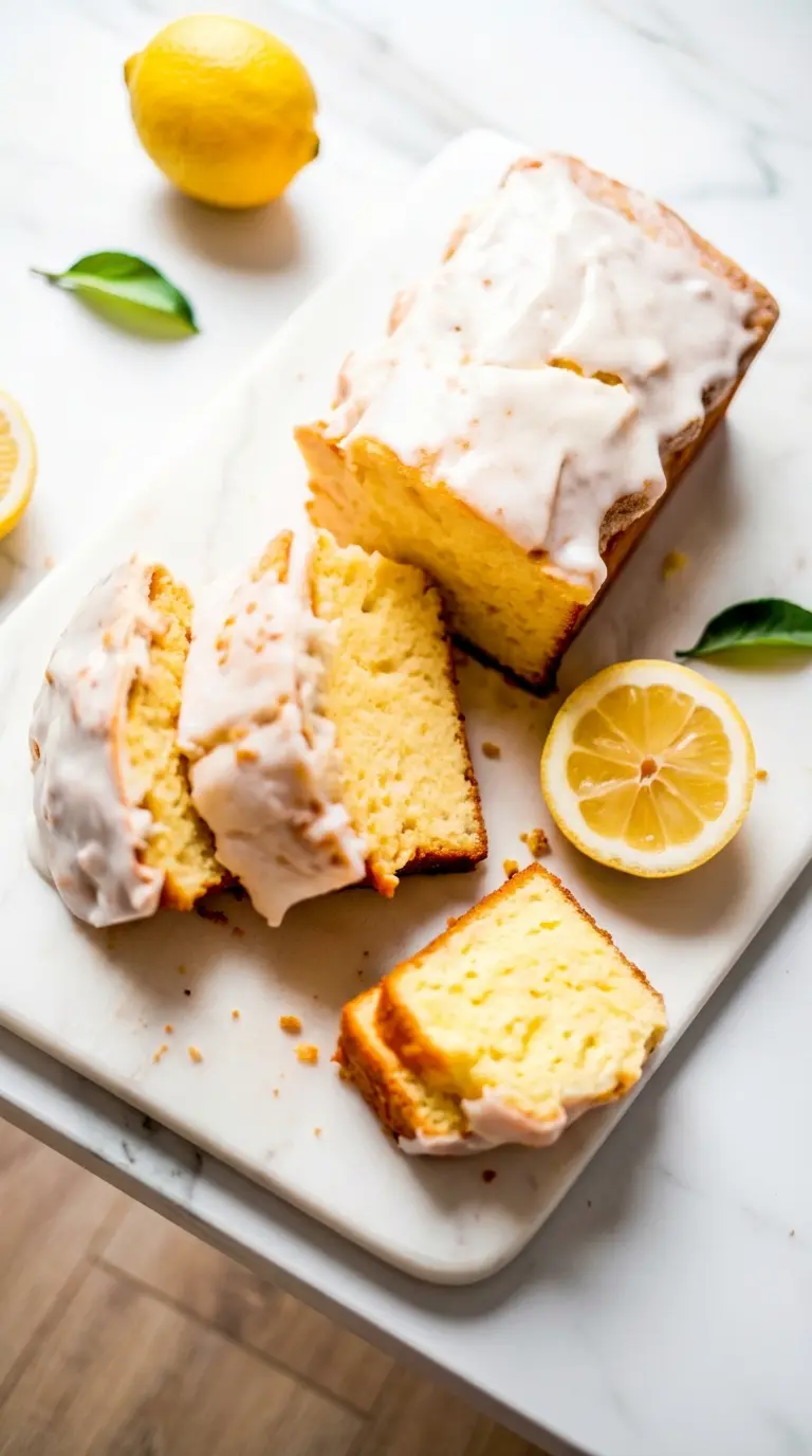 A close-up of a slice of Iced Lemon Pound Cake on a minimalist white plate, showcasing its incredibly moist, tender, light yellow crumb and the perfectly set white lemon glaze dripping slightly. A whole lemon and a sprig of mint are blurred in the background on the white marble countertop. Natural morning light with soft shadows. 3:4 ratio. No hands or people.