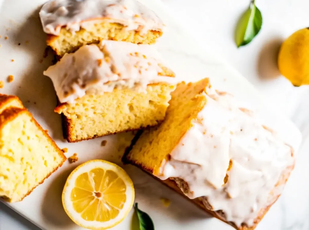 A vibrant Iced Lemon Pound Cake, perfectly sliced and drizzled with a thick white glaze, showcasing its moist, light yellow crumb. Fresh whole and half-sliced lemons and a sprig of mint are artfully arranged nearby on a clean white marble countertop with wood accents. Natural morning light casts soft shadows. 4:3 ratio. No hands or people.