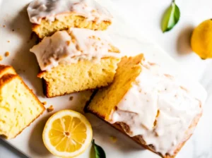 A vibrant Iced Lemon Pound Cake, perfectly sliced and drizzled with a thick white glaze, showcasing its moist, light yellow crumb. Fresh whole and half-sliced lemons and a sprig of mint are artfully arranged nearby on a clean white marble countertop with wood accents. Natural morning light casts soft shadows. 4:3 ratio. No hands or people.