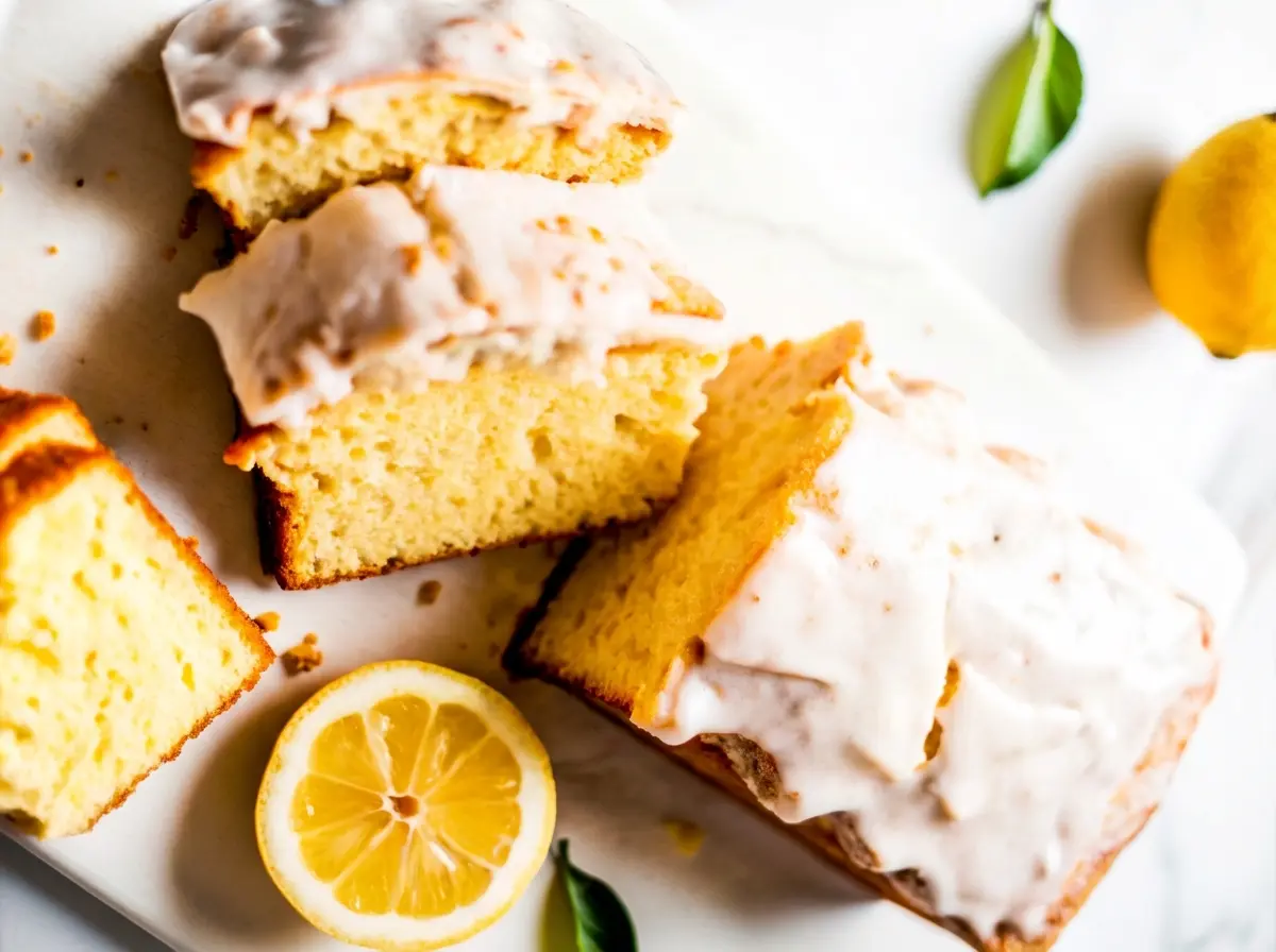 A vibrant Iced Lemon Pound Cake, perfectly sliced and drizzled with a thick white glaze, showcasing its moist, light yellow crumb. Fresh whole and half-sliced lemons and a sprig of mint are artfully arranged nearby on a clean white marble countertop with wood accents. Natural morning light casts soft shadows. 4:3 ratio. No hands or people.