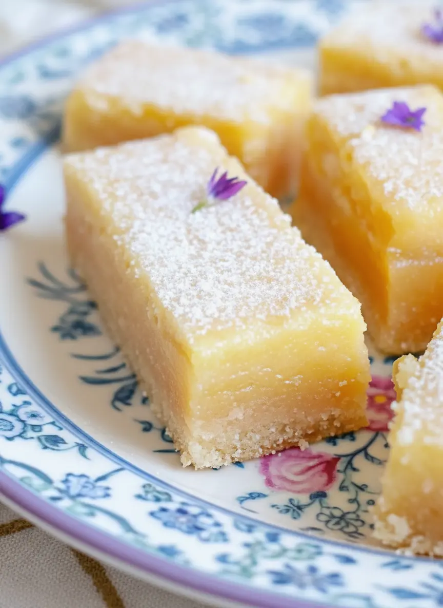 A beautifully composed shot of ingredients for Lavender Lemon Bars: fresh vibrant yellow lemons (whole and sliced), a small bowl of dried culinary lavender, softened butter, flour, sugar, and eggs, neatly arranged on a wooden cutting board on a marble countertop. Natural morning light creates soft shadows, highlighting the fresh herbs in a ceramic pot in the blurred background. (3:4 ratio)