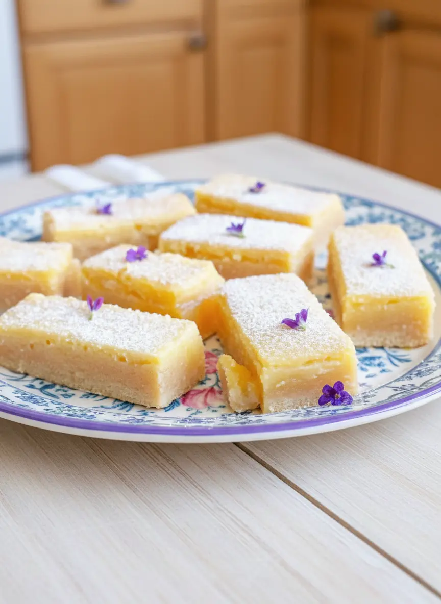 A close-up shot of the lemon lavender filling being gently poured over the pre-baked shortbread crust in a parchment-lined white baking dish, sitting on a marble countertop. The light captures the golden color of the filling. The scene is clean and tidy, reflecting a genuine love for the process, with soft morning light. (3:4 ratio)