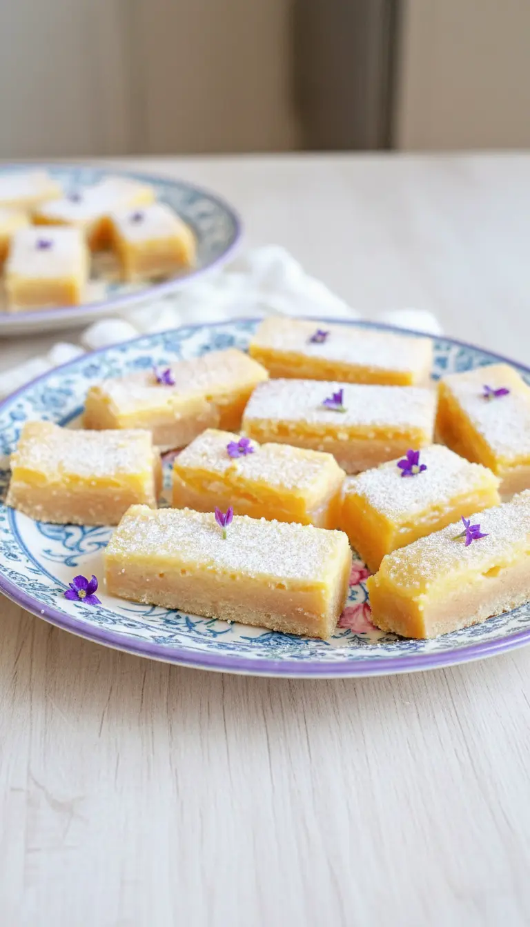 A stack of two perfectly cut Lavender Lemon Bars, showing the distinct layers of golden shortbread crust and the creamy, yellow lemon curd filling. The top bar is generously dusted with powdered sugar and has delicate purple lavender specks. It sits on a minimalist white ceramic plate with a subtle floral pattern, beside a single fresh lemon slice on a wooden cutting board, all under warm, natural morning light on a marble countertop. (3:4 ratio)