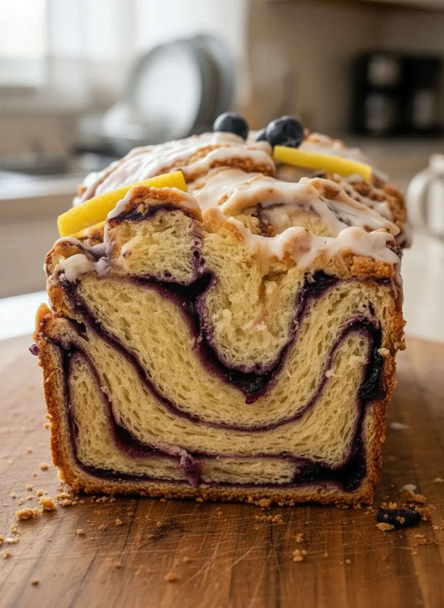 A flat lay (3:4 aspect ratio) of neatly arranged ingredients for Lemon Blueberry Babka on a white marble countertop. Bowls contain fresh blueberries, lemon halves and zest, eggs, and butter. A small pile of flour is visible, along with a yeast packet. The scene is bathed in natural morning light, with a hint of a wooden cutting board in the corner. No hands or people.