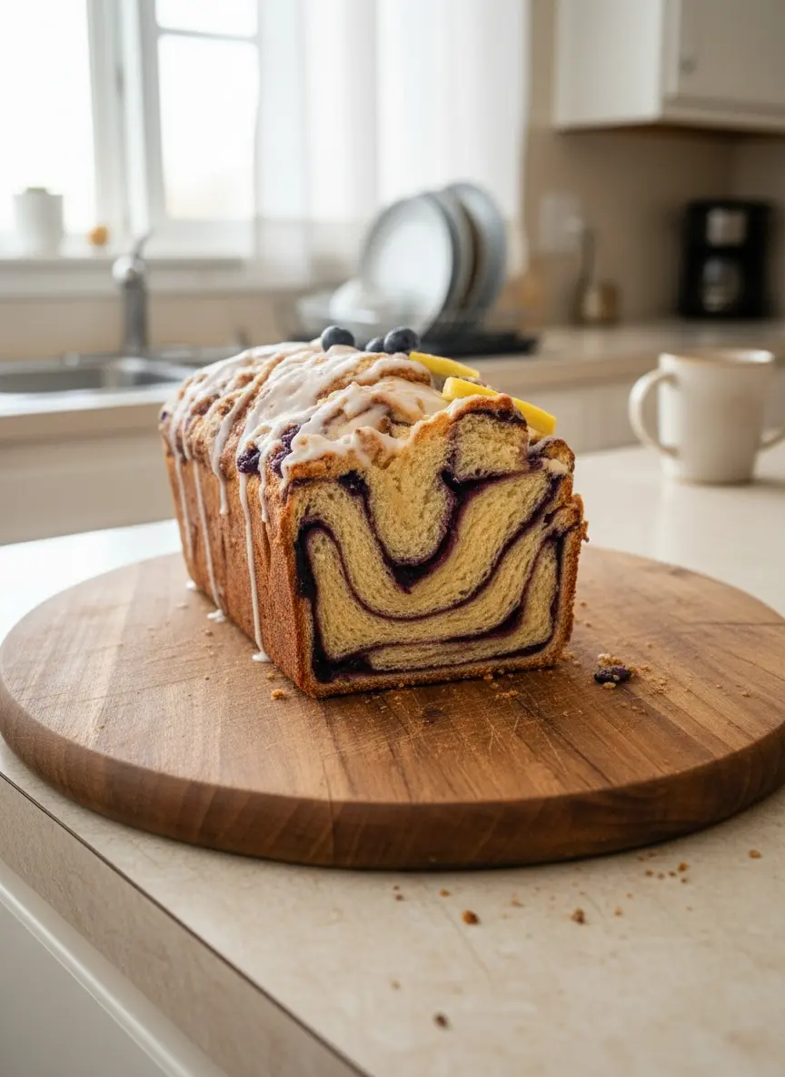 A partially sliced Lemon Blueberry Babka loaf, still in the loaf pan, on a wooden cutting board on a white marble countertop (3:4 aspect ratio). The golden-brown crust and visible internal swirls of blueberry and lemon dough are prominent, topped with a delicate white glaze. A gentle, soft focus on the texture of the bread, with natural morning light creating warm, inviting shadows. No hands or people.