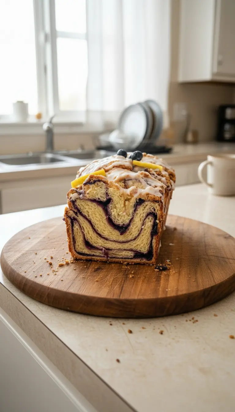 A single, perfect slice of Lemon Blueberry Babka on a minimalist white ceramic plate, showcasing the fluffy, tender crumb and distinct purple blueberry and yellow dough swirls, generously drizzled with white glaze (3:4 aspect ratio). The plate rests on a wooden surface with a sprig of fresh rosemary in the soft-focus background, illuminated by natural morning light. No hands or people.