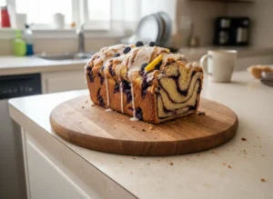 Close-up, overhead shot (4:3 aspect ratio) of multiple slices of golden-brown Lemon Blueberry Babka artfully arranged on a rustic wooden cutting board on a white marble countertop. Each slice clearly shows the intricate purple blueberry and light yellow dough swirls, topped with a delicate, uneven drizzle of white lemon glaze. Soft morning light creates warm tones and subtle shadows. A sprig of fresh lemon balm or mint in a small ceramic bowl in the background. No hands or people.