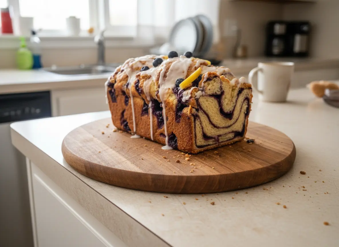 Close-up, overhead shot (4:3 aspect ratio) of multiple slices of golden-brown Lemon Blueberry Babka artfully arranged on a rustic wooden cutting board on a white marble countertop. Each slice clearly shows the intricate purple blueberry and light yellow dough swirls, topped with a delicate, uneven drizzle of white lemon glaze. Soft morning light creates warm tones and subtle shadows. A sprig of fresh lemon balm or mint in a small ceramic bowl in the background. No hands or people.