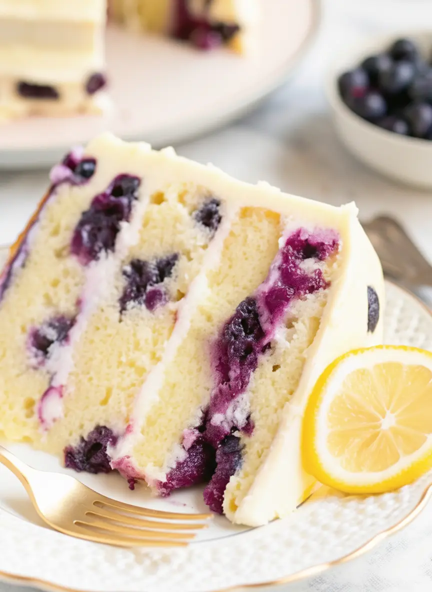 A 3:4 overhead shot on a wooden cutting board showing all fresh ingredients for Lemon Blueberry Cake: vibrant fresh blueberries, whole lemons, eggs, sticks of butter, and a bowl of flour, arranged artfully. Natural morning light, soft shadows, warm tones, with fresh herbs subtly in the background on a marble countertop. No hands.
