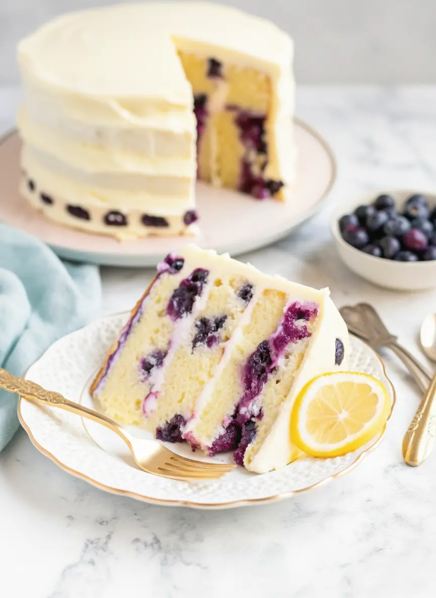 A 3:4 close-up shot of cake batter in a ceramic bowl on a marble countertop, with fresh blueberries lightly coated in flour being gently folded into the yellow batter using a white spatula. The scene is bathed in natural morning light, showing soft shadows and warm tones. No hands are visible.