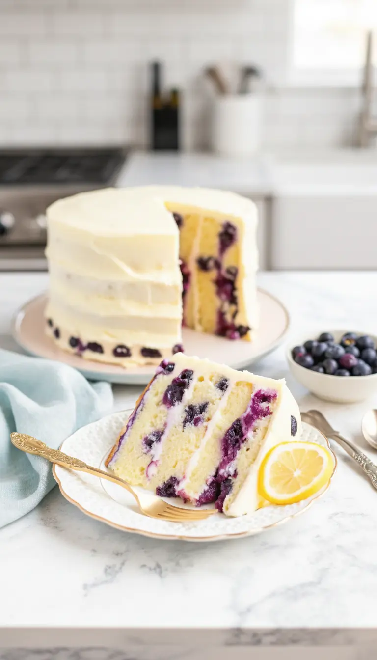 A 3:4 close-up of a plated slice of Lemon Blueberry Cake on a white vintage plate with pink floral patterns, focusing on the texture of the moist cake layers, the visible baked blueberries, and the smooth, thick white lemon cream cheese frosting. A lemon wedge and a few fresh blueberries garnish the side. Natural morning light creates soft shadows, warm tones, and a clean, tidy presentation on a marble surface. No hands.
