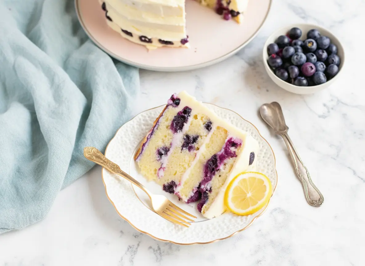 A stunning 4:3 shot of a single slice of multi-layered Lemon Blueberry Cake, showing the moist yellow cake with scattered baked blueberries, generously frosted with white lemon cream cheese frosting. The slice is on a white vintage plate with pink floral patterns and a gold rim, placed on a light marble countertop. A cut lemon half is softly blurred in the background. Natural morning light creates soft shadows and warm tones. Clean and tidy presentation.