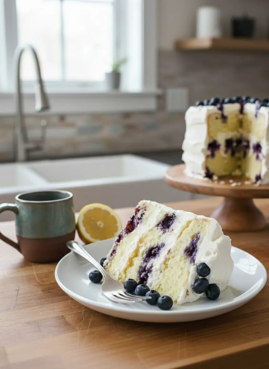 A close-up shot of cake batter being gently folded with fresh, flour-dusted blueberries in a white ceramic mixing bowl, on marble countertops. A wooden spoon is in the bowl. Natural morning light from an east window casts soft shadows. (3:4 ratio)