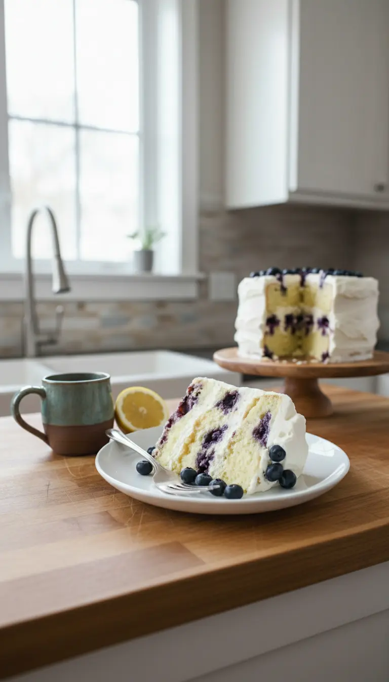 An inviting close-up of a generous slice of Lemon Blueberry Cake on a light blue scalloped plate, showcasing the moist, tender crumb, the vibrant purple bursts of blueberries, and the luscious, creamy white lemon frosting. A gold fork has taken a gentle bite. On a marble countertop, with warm tones, under natural morning light. (3:4 ratio)