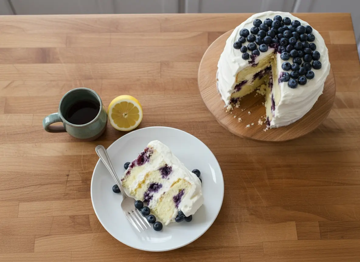 A beautiful slice of Lemon Blueberry Cake with visible light yellow cake layers, plump purple blueberries, and thick white lemon cream cheese frosting, on a light blue scalloped plate with a gold fork resting beside it. In the soft natural morning light from an east window, on marble countertops with a subtle wooden accent in the background. A fresh lemon half and a hint of dark blue fabric are in the softly blurred background, clean and tidy presentation with warm tones. (4:3 ratio)