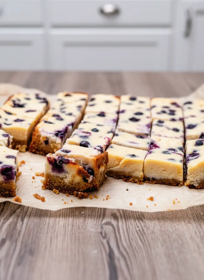 3:4 aspect ratio. Process focus. An overhead shot of a square baking pan lined with parchment paper. The creamy white cheesecake batter is in the pan, and vibrant purple blueberry sauce is being swirled into the batter with a knife, creating a marbled effect. The edges of the parchment paper are visible against the marble counter.