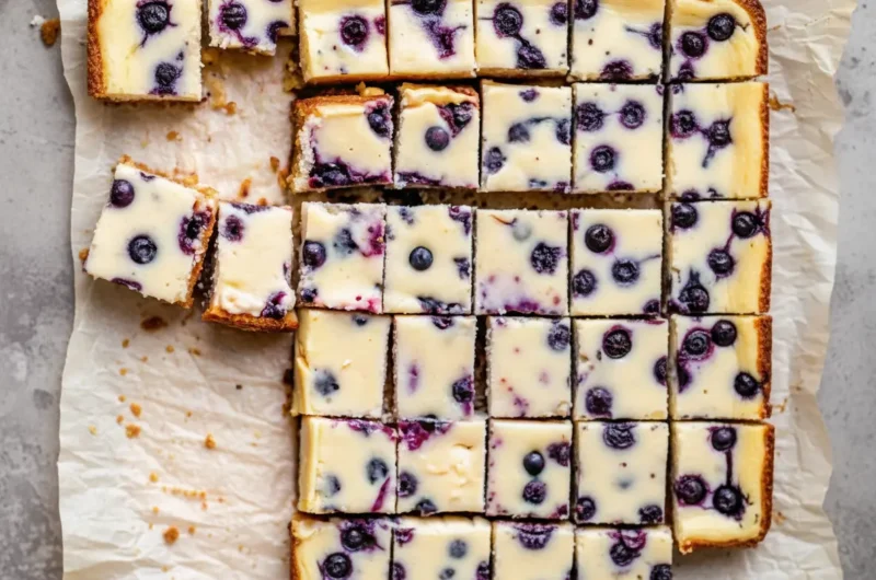 Creamy Lemon Blueberry Cheesecake Bars with Thick Graham Crust