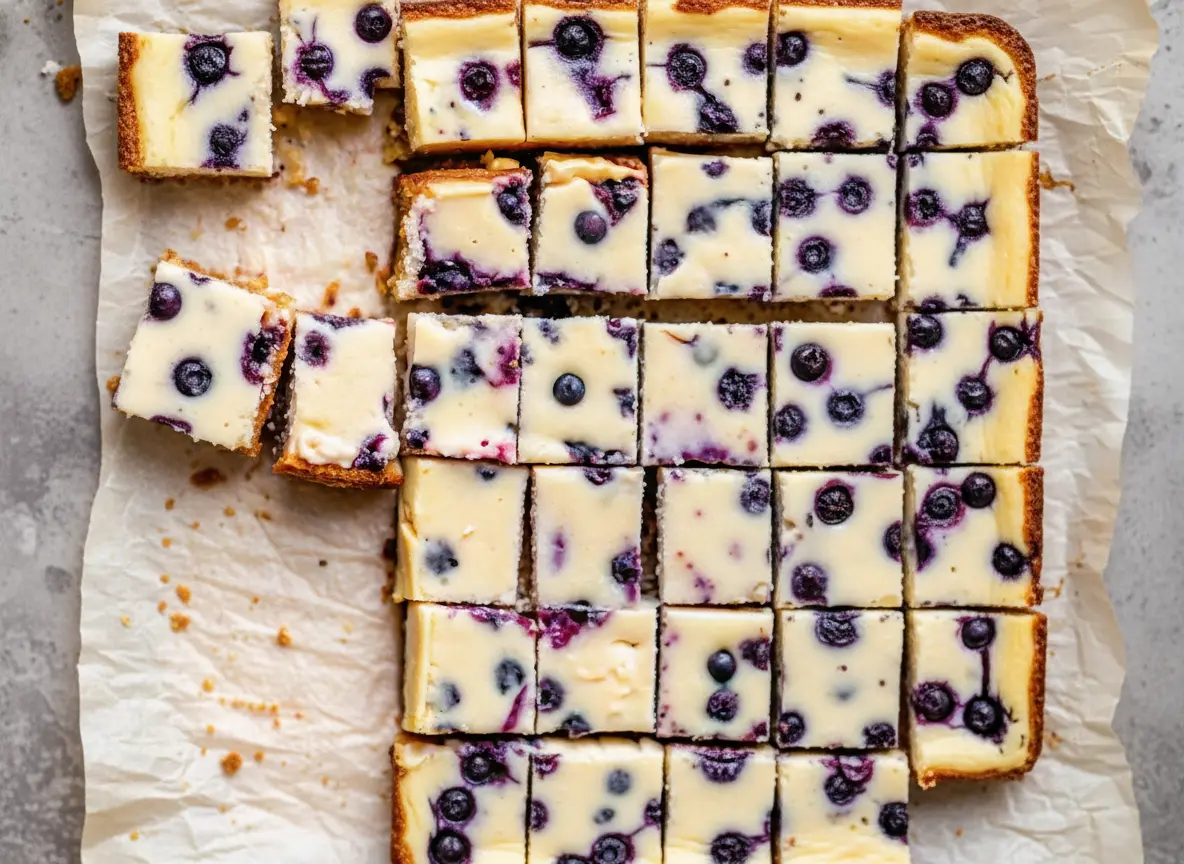Hero shot, 4:3 aspect ratio. A rustic wooden cutting board rests on a marble countertop with wood accents. Arranged on the board are several square Lemon Blueberry Cheesecake Bars. The bars feature a thick golden graham cracker crust at the bottom, a creamy white cheesecake center, and vibrant purple blueberry swirls. Fresh lemon zest is sprinkled on top. Natural morning light from the east window casts soft shadows. In the background, a small ceramic bowl of fresh blueberries and a pot of fresh herbs are visible, creating a cozy, lived-in kitchen atmosphere.