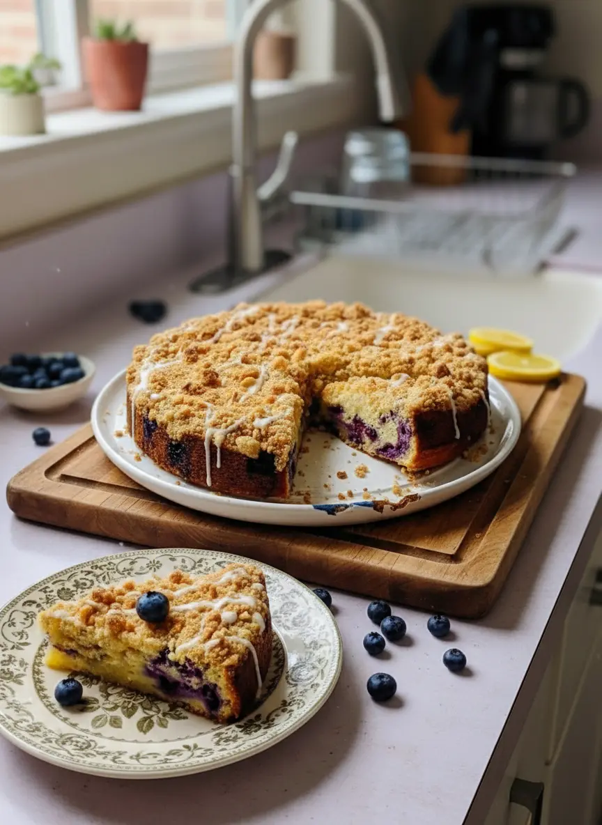 A close-up of the Lemon Blueberry Ricotta Cake batter being gently mixed in a minimalist white ceramic bowl, showcasing the creamy, thick texture with pockets of lemon zest. A few fresh blueberries are visible, about to be folded in. The scene is set on a light marble countertop with natural morning light, capturing the authentic process. (3:4 ratio)
