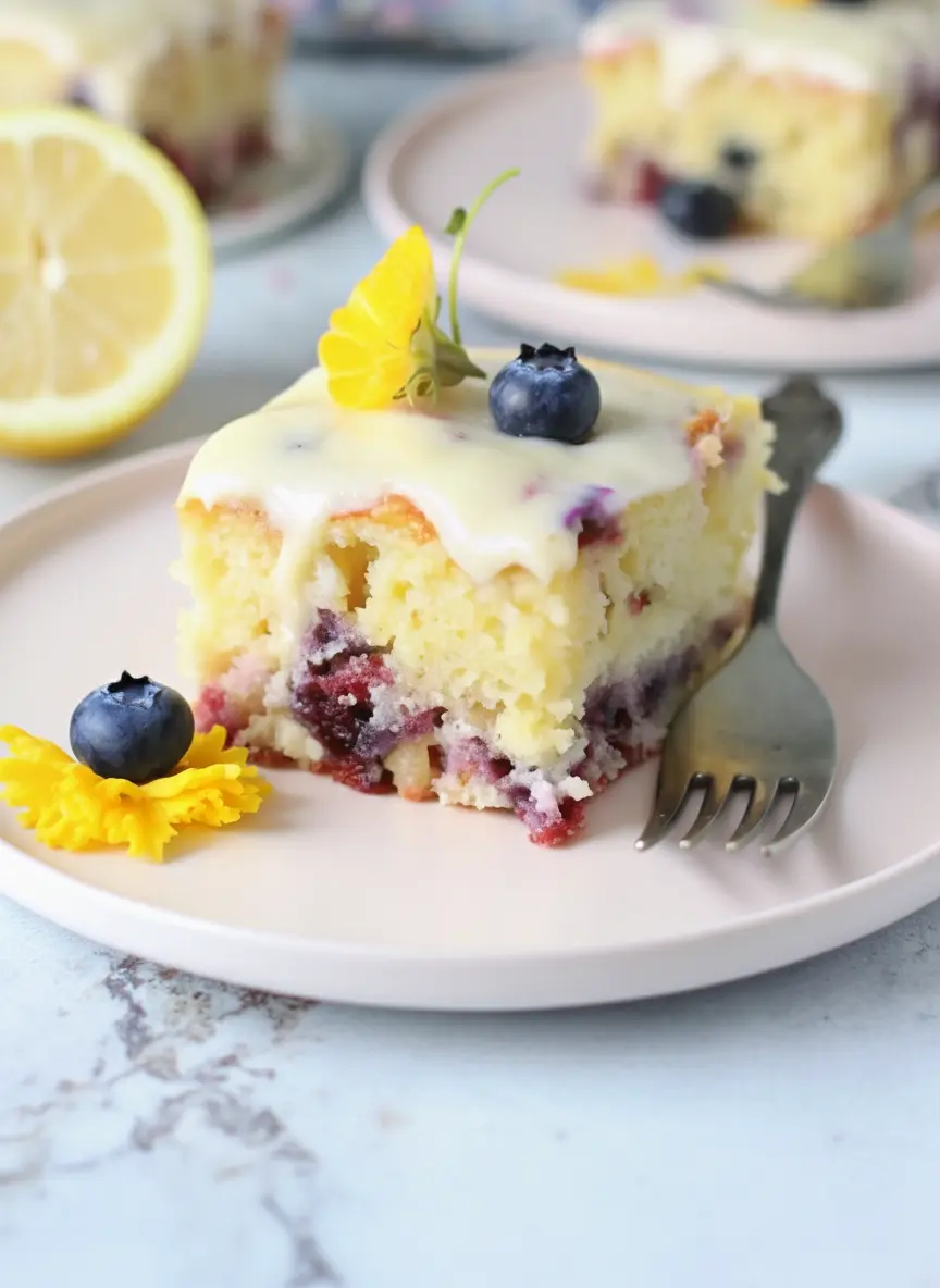 Ingredients laid out for Lemon Blueberry Sheet Cake on a light-colored wooden cutting board on a marble countertop. Bowls contain fresh blueberries (some dusted lightly with flour), lemon halves and zest, softened butter, and dry ingredients. Natural morning light creates soft shadows. Clean and tidy presentation with warm tones, a sprig of fresh herbs in a small ceramic bowl in the background. (3:4 ratio)