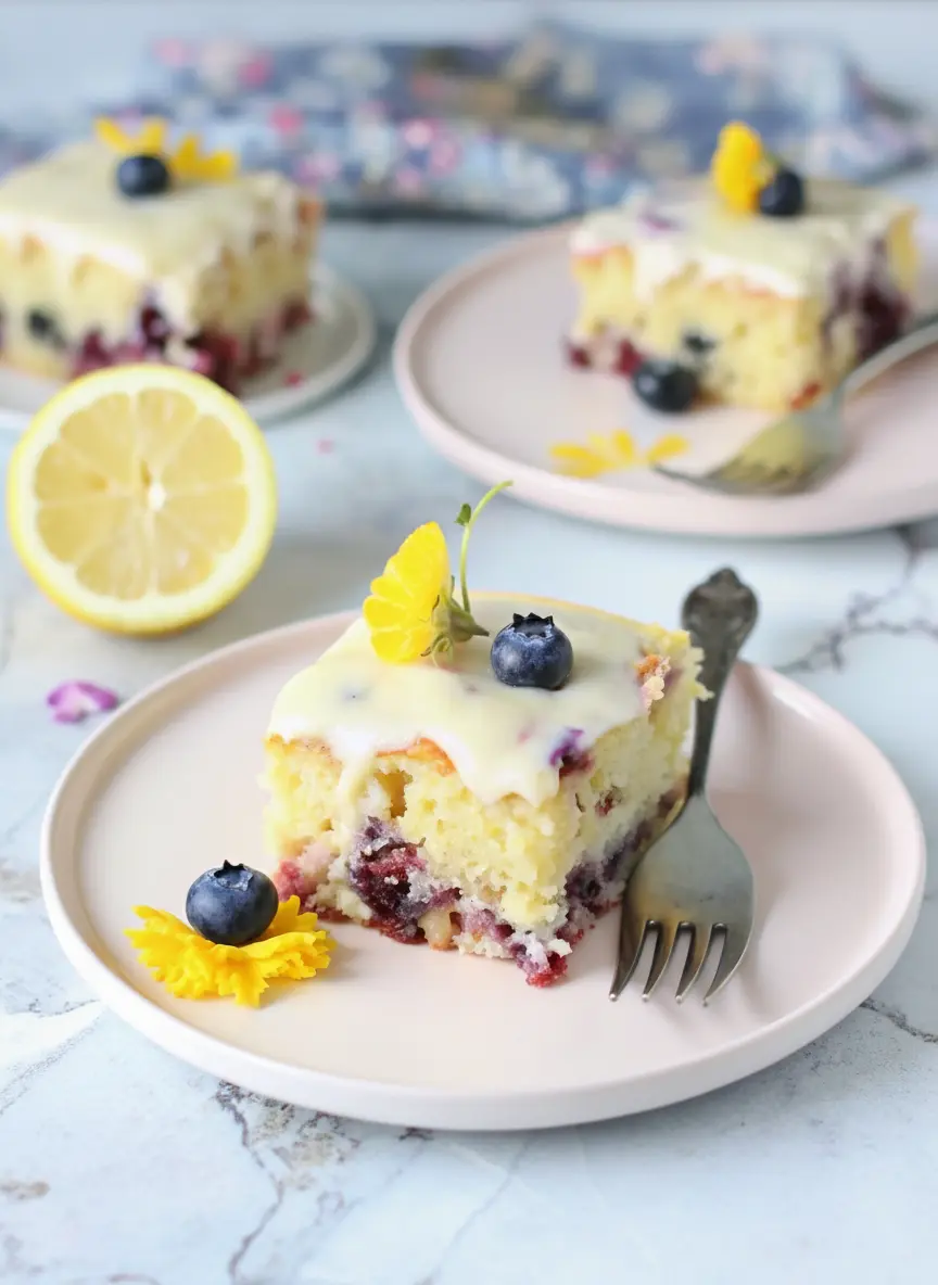 A close-up shot of Lemon Blueberry Sheet Cake batter being gently folded with flour-dusted fresh blueberries in a minimalist white ceramic bowl on a marble countertop. The batter is thick and pale yellow. Natural morning light illuminates the scene, showing the texture of the batter and blueberries before baking. A wooden spoon or spatula rests beside the bowl. Fresh herbs are subtly visible in the background. (3:4 ratio)