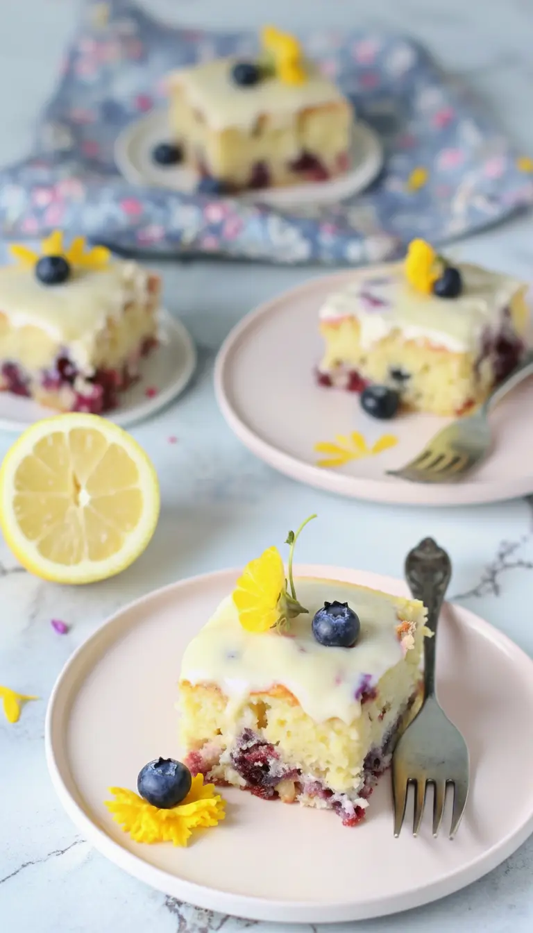 A cross-section view of a perfectly baked and glazed slice of Lemon Blueberry Sheet Cake on a light pink ceramic plate, showcasing the moist, tender yellow crumb with a dense layer of baked blueberries at the bottom. The thick, white lemon glaze drips slightly down the sides. A thin lemon slice and a plump blueberry garnish the top. A silver fork is beside it. The scene is well-lit by natural morning light, with warm tones, on a marble countertop. (3:4 ratio)