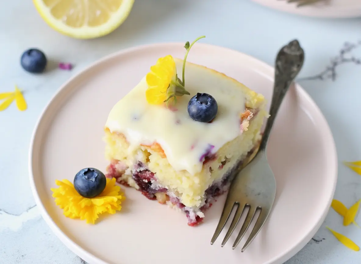 A beautifully plated slice of moist Lemon Blueberry Sheet Cake on a minimalist light pink ceramic plate. The cake has a tender yellow crumb with visible baked blueberries throughout the bottom half and a thick, smooth white lemon glaze generously coating the top. It's garnished with a thin, bright yellow lemon slice and a single plump blueberry. A silver fork rests gently beside the slice. The scene is bathed in natural morning light from an east window, with soft shadows. In the background, a subtle hint of marble countertop and a light-colored wooden cutting board, with fresh herbs slightly blurred. The overall presentation is clean, tidy, and has warm tones. (4:3 ratio)