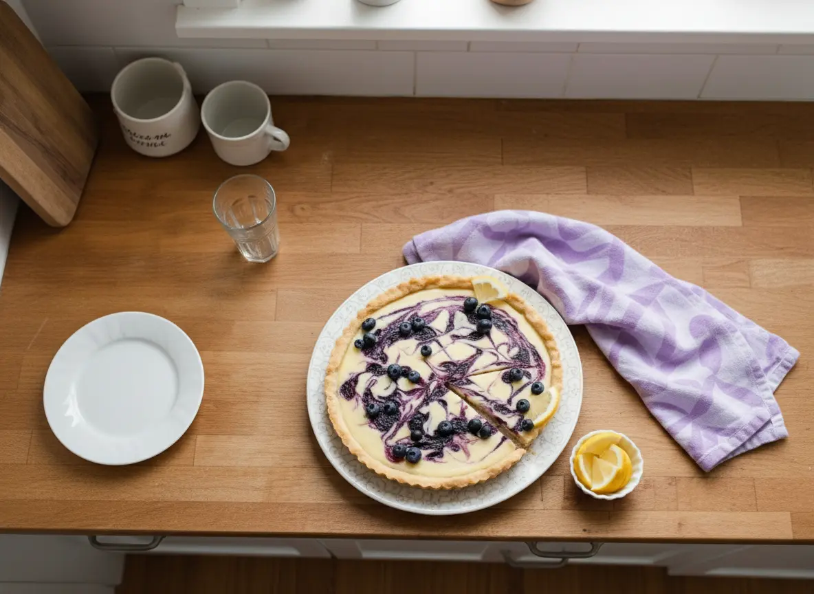Overhead shot of a whole Lemon Blueberry Tart with a creamy yellow filling, dark purple blueberry swirls, and scattered fresh blueberries, garnished with lemon slices, on a white fluted tart dish on a clean marble countertop. A purple patterned napkin and a small white ceramic bowl with lemon slices are subtly in the background, bathed in natural morning light from an east window, showing soft shadows and warm tones, with the same wooden cutting board just out of frame. No hands or people. (4:3 ratio)