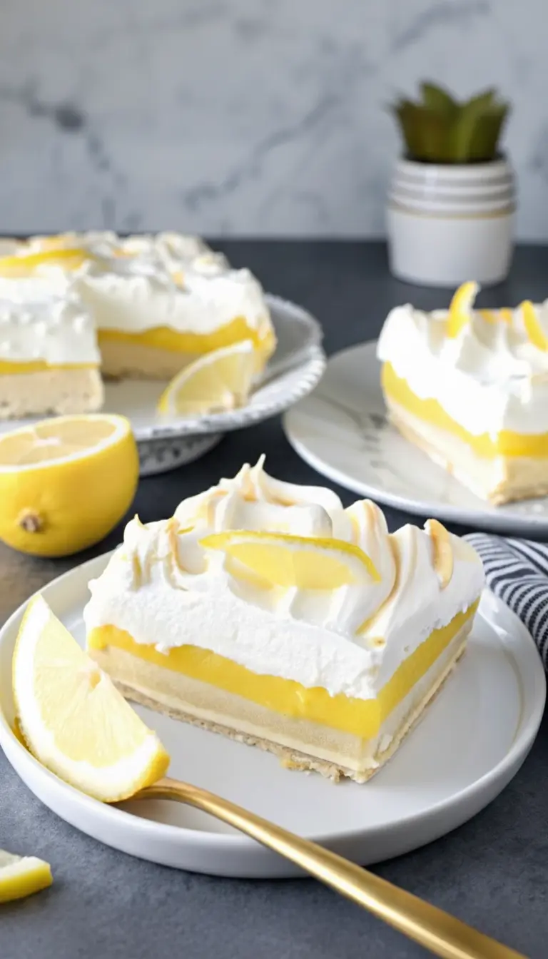 A plated slice of Lemon Lush Cake with a bite taken out by a silver fork, resting on the plate. The fork holds a perfect piece showing all four layers. A grey linen napkin is tucked on the side. Warm tones, inviting atmosphere.