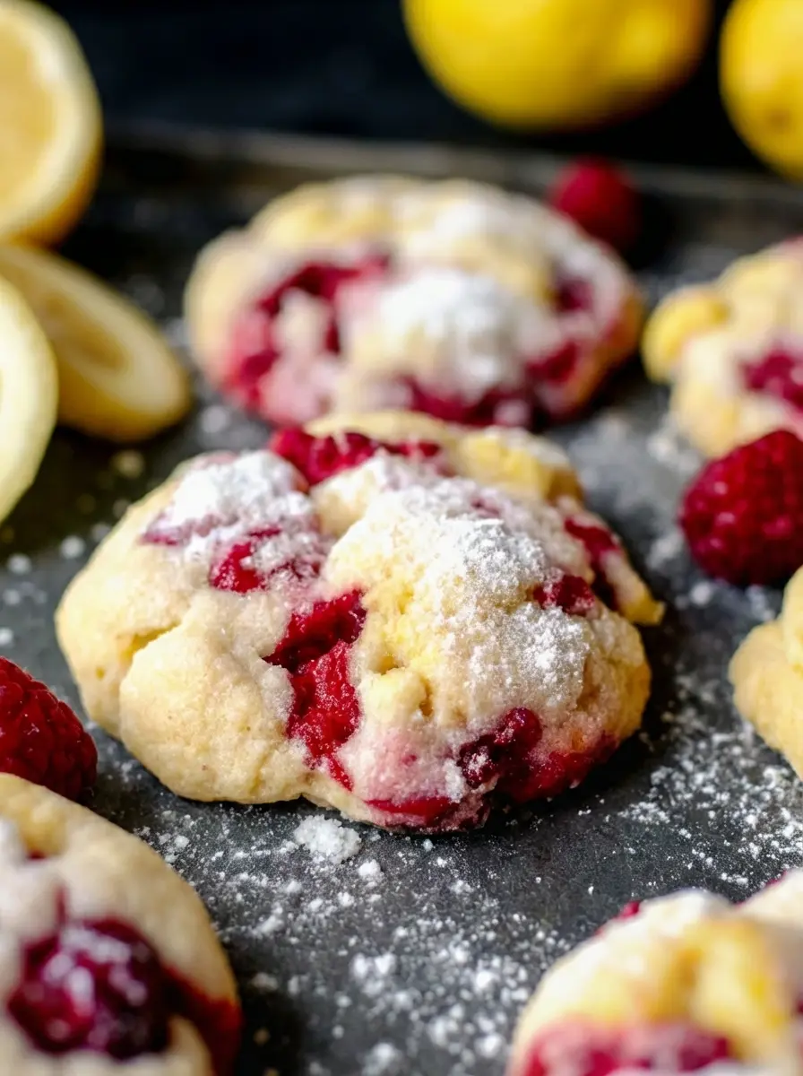 A beautifully arranged flat lay of key ingredients for Lemon Raspberry Cookies: fresh, vibrant red raspberries, whole bright yellow lemons, a small pile of grated lemon zest, a stick of butter, and a measuring cup of flour. All are displayed on a light wooden cutting board on a white marble countertop, under soft natural morning light, with warm tones and delicate shadows. (3:4 ratio)