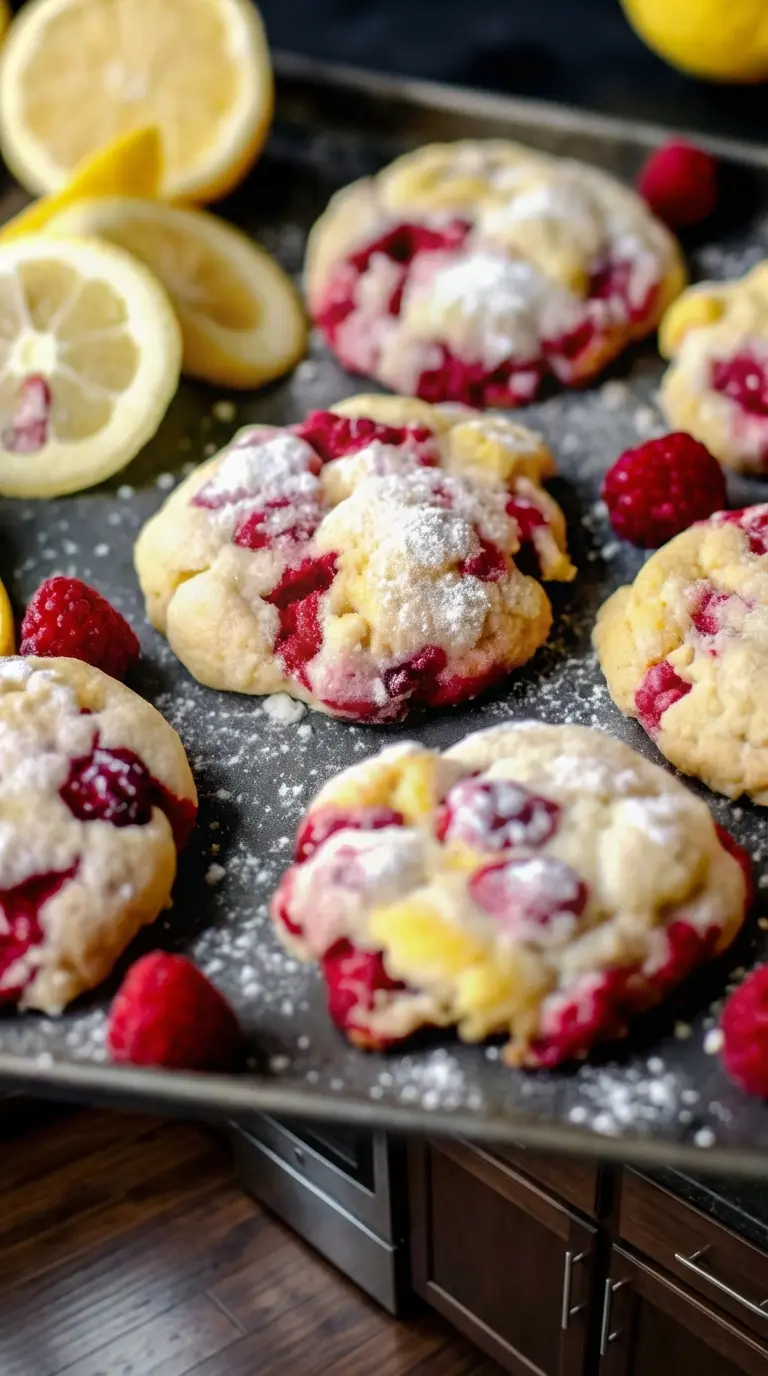 A close-up shot of two soft and chewy Lemon Raspberry Cookies stacked on a small, minimalist white plate. The image highlights the interior texture with visible bursts of red raspberries and yellow lemon zest, lightly dusted with powdered sugar. The cookies are on a marble countertop with a blurred background of fresh mint sprigs, under warm natural morning light. (3:4 ratio)