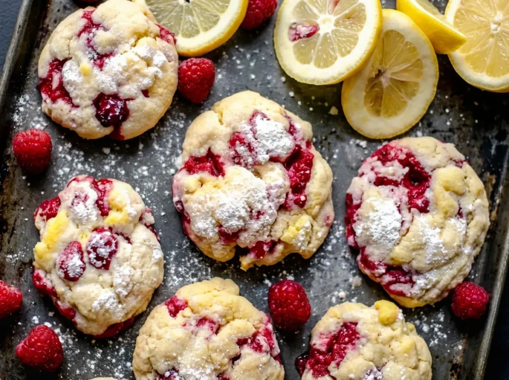 Hero shot of three perfectly baked Lemon Raspberry Cookies, featuring bright red raspberries and yellow lemon zest, lightly dusted with powdered sugar, arranged on a minimalist white ceramic plate on a light marble countertop. Natural morning light creates soft shadows, with subtle fresh raspberries and lemon slices blurred in the background, a clean and tidy presentation. (4:3 ratio)