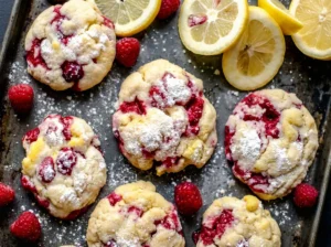 Hero shot of three perfectly baked Lemon Raspberry Cookies, featuring bright red raspberries and yellow lemon zest, lightly dusted with powdered sugar, arranged on a minimalist white ceramic plate on a light marble countertop. Natural morning light creates soft shadows, with subtle fresh raspberries and lemon slices blurred in the background, a clean and tidy presentation. (4:3 ratio)